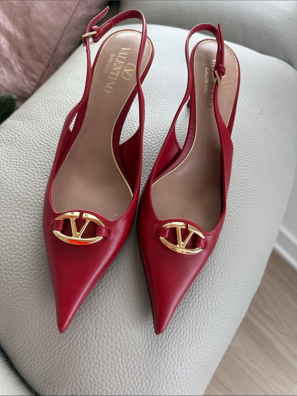 Valentino red leather V-Logo slingback pumps